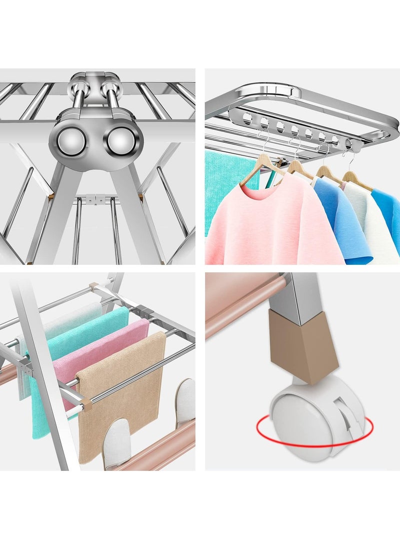 رف تجفيف الملابس قابل للطي من الفولاذ المقاوم للصدأ مع بكرات، ثابت وموفر للمساحة، مجفف ملابس قابل للطي للاستخدام الداخلي والخارجي 160 × 70 سم - Image 5