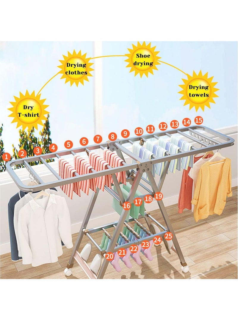رف تجفيف الملابس قابل للطي من الفولاذ المقاوم للصدأ مع بكرات، ثابت وموفر للمساحة، مجفف ملابس قابل للطي للاستخدام الداخلي والخارجي 160 × 70 سم - Image 2