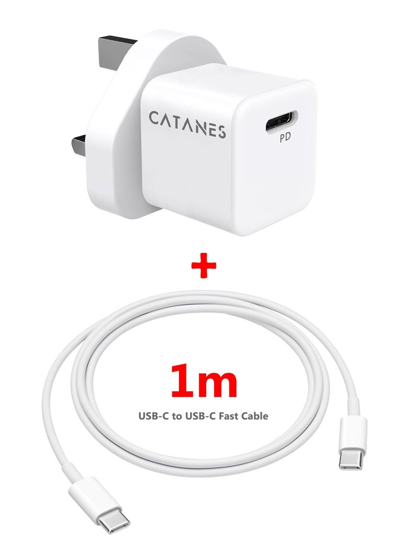 CATANES 25W PD Fast Charger Adapter Type C 3Pins with 1m Cable Type C for Sony Xperia 1 V and Sony Xperia 1 IV / White 