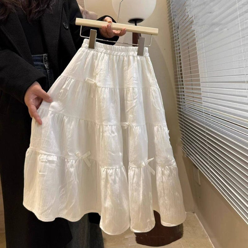 Girls' White Midi Skirt with Bow, Cotton-Linen, for Summer - Image 1