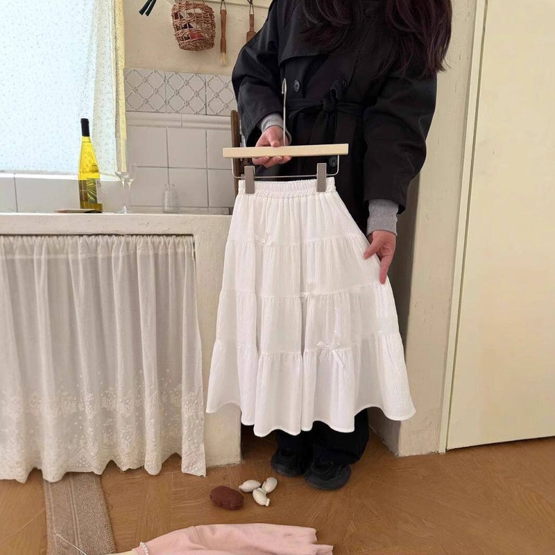 Girls' White Midi Skirt with Bow, Cotton-Linen, for Summer - Image 2