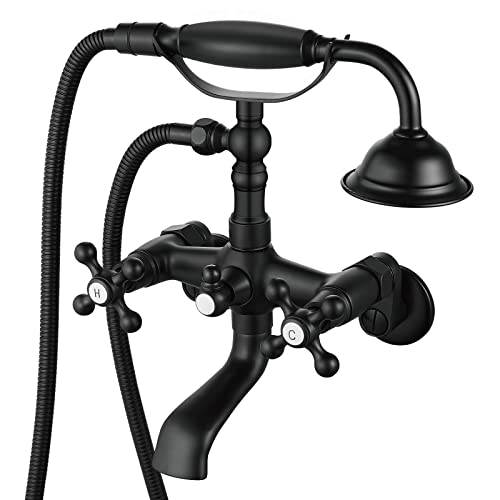 Aolemi Clawfoot Tub Faucet Wall Mount Matte Black Bathroom Tub Filler with Hand Held Shower Sprayer Vintage Bathtub Faucet Set Double Cross Handle - Image 1
