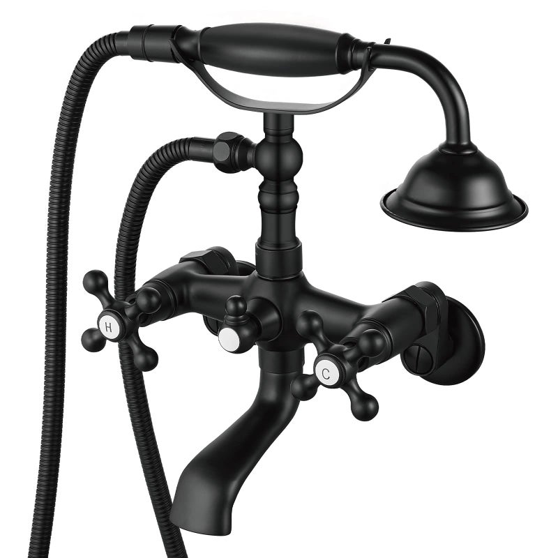 Aolemi Clawfoot Tub Faucet Wall Mount Matte Black Bathroom Tub Filler with Hand Held Shower Sprayer Vintage Bathtub Faucet Set Double Cross Handle - Image 2