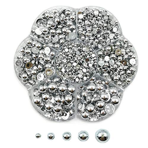Looconi 2100pcs Silver Satin Luster ABS Imitation Pearls Half Round Pearls Assorted Mixed Sizes 3/4/5/6/8mm Flatback Pearl Beads DIY Material (Silver) - Image 1
