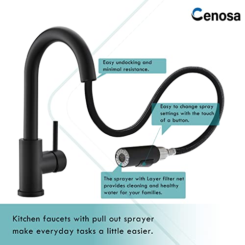 Cenosa صنبور حوض سينك حديث من سينوزا للمطبخ بمقبض واحد مع رشاش قابل للسحب، حوض تحضير ساخن وبارد، أسود غير لامع - Image 4