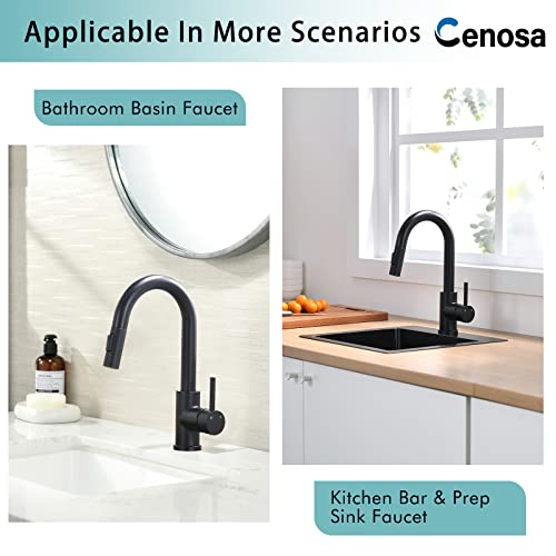 Cenosa صنبور حوض سينك حديث من سينوزا للمطبخ بمقبض واحد مع رشاش قابل للسحب، حوض تحضير ساخن وبارد، أسود غير لامع - Image 5