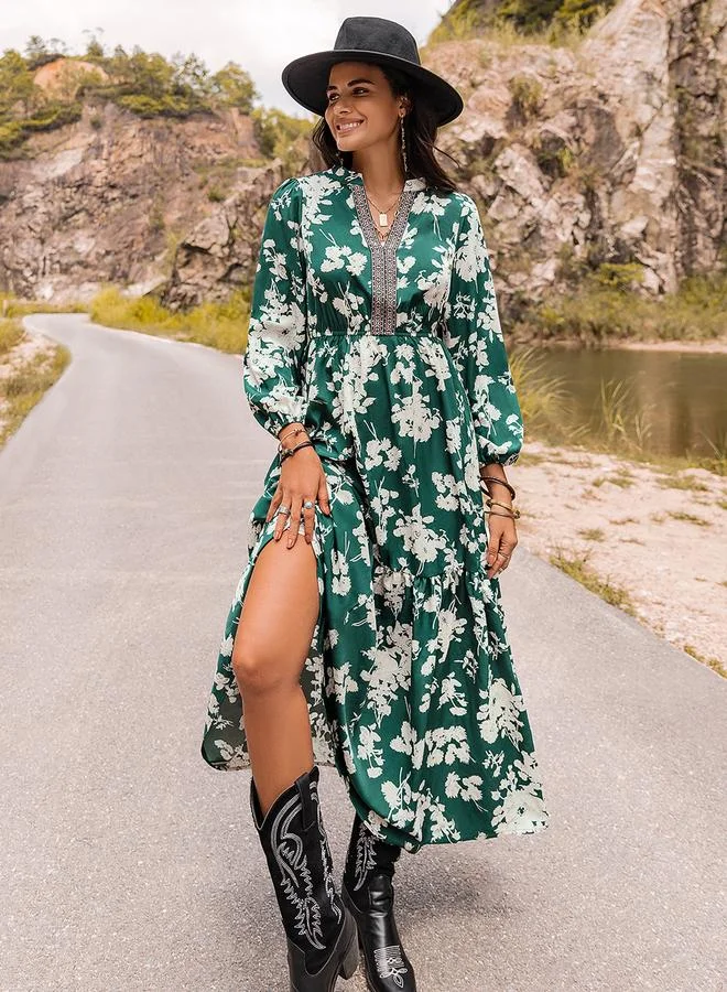 Take Two Take Two Floral Print Cuffed Sleeve A-Line Maxi Dress
