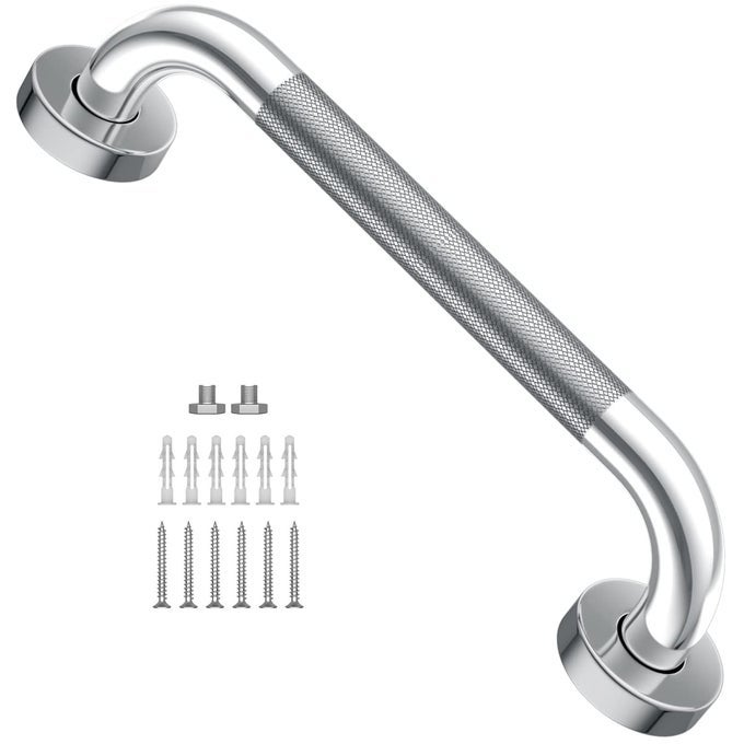 12 INCH ANTI SLIP SHOWER GRAB BAR CHROME FINISH STAINLESS STEEL BATH GRAB BAR KNURLED BATHROOM SAFETY RAIL SHOWER HANDRAIL SUPPORT HANDICAP ELDERLY INJURY SENIOR BALANCE ASSIST HANDLES