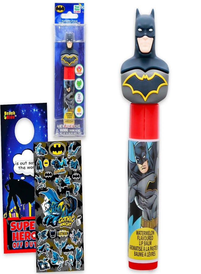Batman Lip Balm Tube for Boys – Bundle with 1 Tube of Plant Based Lip Balm in Watermelon Flavor with Batman Figurine Topper Plus Stickers, More | DC Comics Party Favors - Image 1