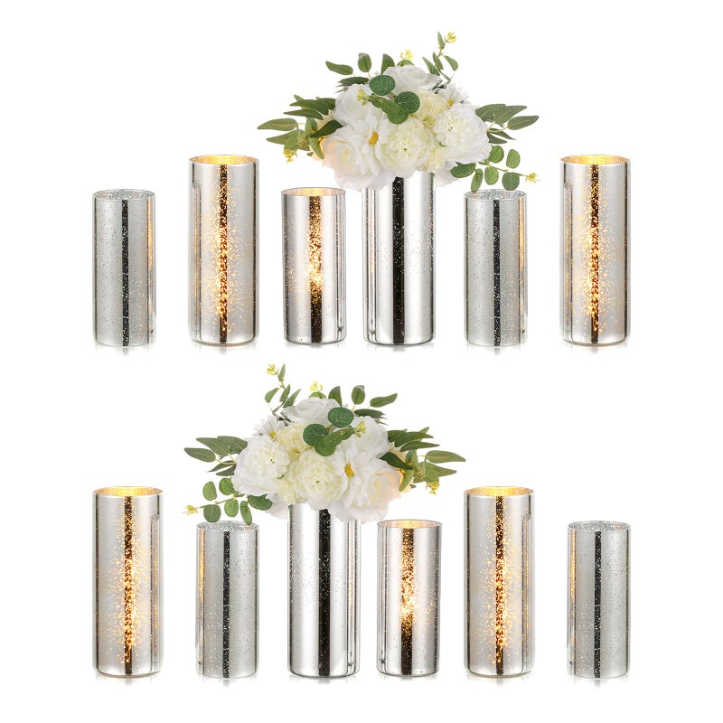 Glass Cylinder Vases Set of 12 Hewory Glittery Silver Vase for Centerpieces Glass Hurricane Candle Holders for Pillar Floating Candle Round Tall Vase for Wedding Anniversary Events Home Table Decor