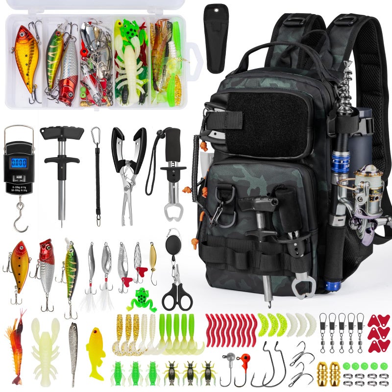 THKFISH Fishing Backpack with Rod Holder Fishing Tool Kit WaterResistant Bag With Fishing Lures Kit Fishing Tackle Box and Pliers Set for Men Women Black Camo87pcs - Image 2