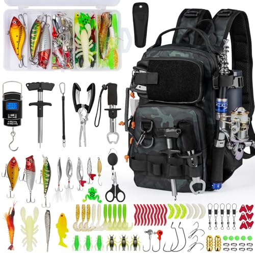 THKFISH Fishing Backpack with Rod Holder Fishing Tool Kit WaterResistant Bag With Fishing Lures Kit Fishing Tackle Box and Pliers Set for Men Women Black Camo87pcs - Image 1