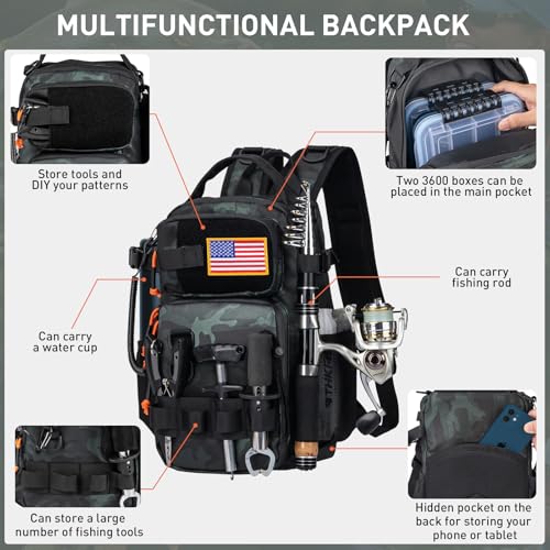 THKFISH Fishing Backpack with Rod Holder Fishing Tool Kit WaterResistant Bag With Fishing Lures Kit Fishing Tackle Box and Pliers Set for Men Women Black Camo87pcs - Image 3