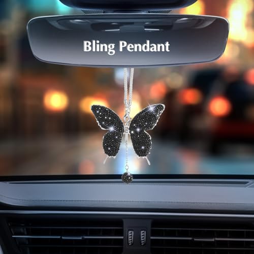 ARTILAURA 11 PCS Bling Car Accessories Set for Women Steering Wheel Covers Butterfly Hanging Seat Belt Cover Air Vent Clips Coasters Cute Glitter Diamond AUTO Accessories Kit (Black) - Image 2