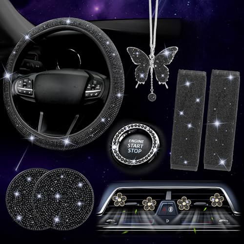 ARTILAURA 11 PCS Bling Car Accessories Set for Women Steering Wheel Covers Butterfly Hanging Seat Belt Cover Air Vent Clips Coasters Cute Glitter Diamond AUTO Accessories Kit (Black) - Image 1