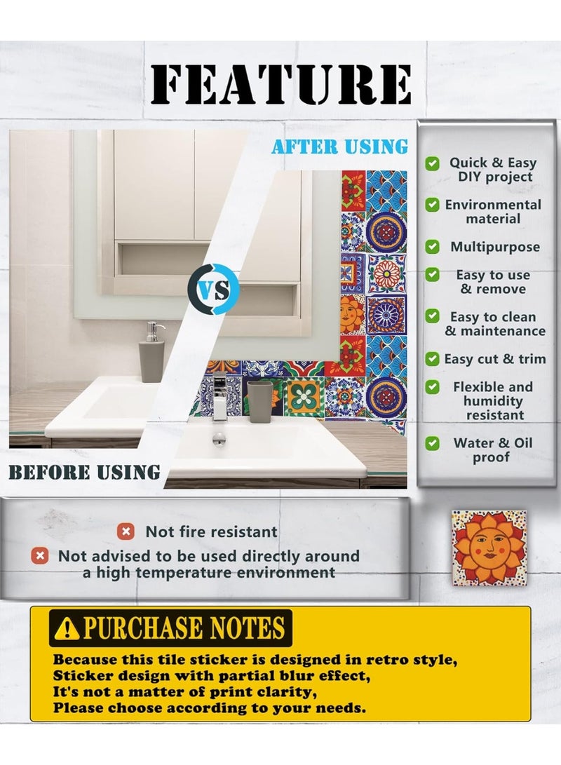 بتيمفم مجموعة من 24 ملصقًا لبلاط الفسيفساء المغربي مقاس 10×10 سم، ملصقات جدارية مقاومة للماء من مادة البولي فينيل كلوريد قابلة للتقشير واللصق، مناسبة للمطبخ والحمام مع أداة تثبيت مكشطة - Image 3