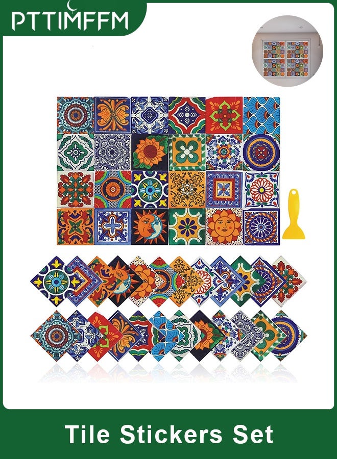 بتيمفم مجموعة من 24 ملصقًا لبلاط الفسيفساء المغربي مقاس 10×10 سم، ملصقات جدارية مقاومة للماء من مادة البولي فينيل كلوريد قابلة للتقشير واللصق، مناسبة للمطبخ والحمام مع أداة تثبيت مكشطة - Image 1