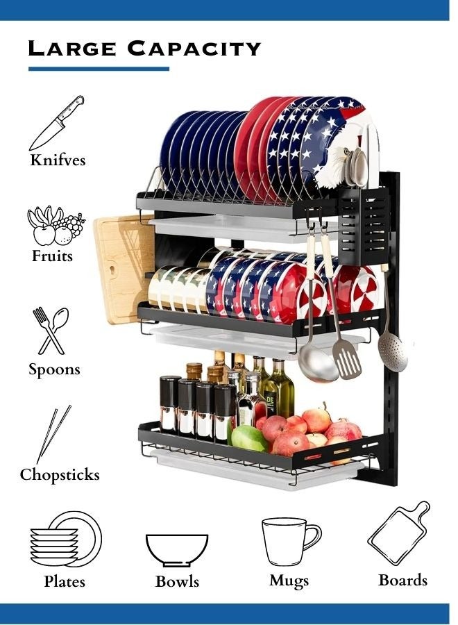 RACK STORE Stainless Steel Wall Mount Kitchen Dish Rack, Dish Drainer for Plates, Bowls, Cups, Cutting Boards, Utensils & Knife, Heavy Duty Rust-Resistant Plate Rack with Removable Trays, Space Saving - Image 4
