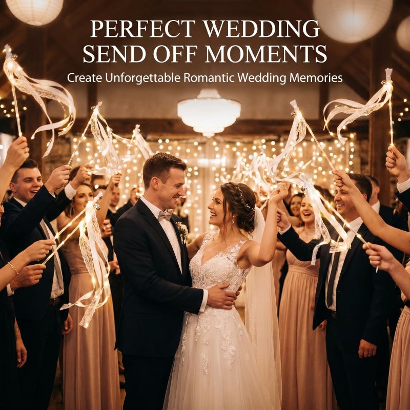 LED Wedding Wand: Champagne 24 LED Lights High-density Satin - Heat-sealed Polyester Ribbon Comfortable Polished Handle - Silent Bell Stick for Wedding Evening Party Celebration Guests - Image 2