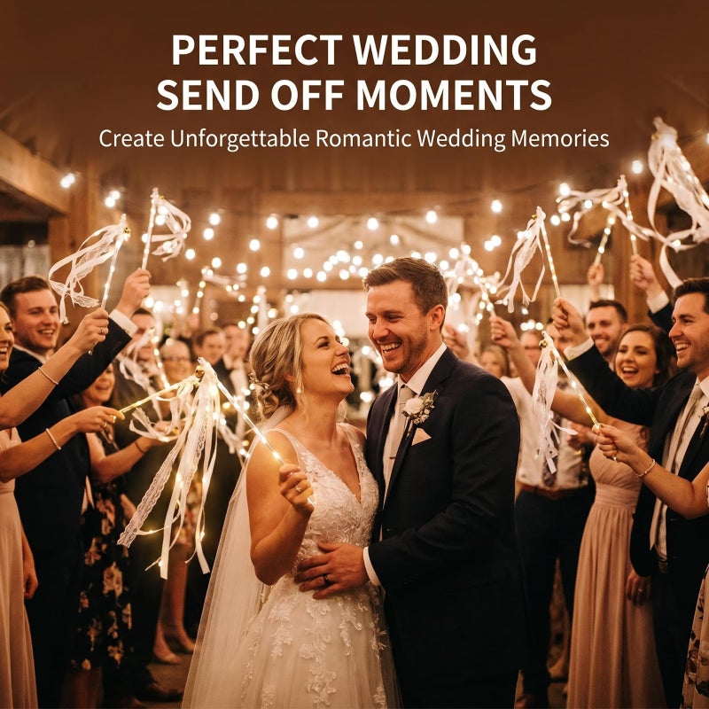 LED Wedding Wand: Champagne 24 LED Lights High-density Satin - Heat-sealed Polyester Ribbon Comfortable Polished Handle - Silent Bell Stick for Wedding Evening Party Celebration Guests - Image 3