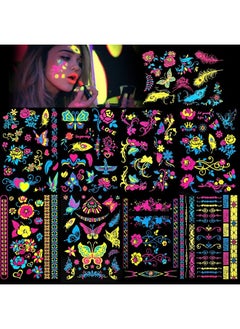 HOWAF 9 Large Sheets Neon Glow in The Dark Temporary Tattoos,100+ Assorted Designs Glow UV Neon Body Face Flowers Butterfly Flash Fake Waterproof Tattoo Stickers for Women Men Girls Body Art  - Image 1