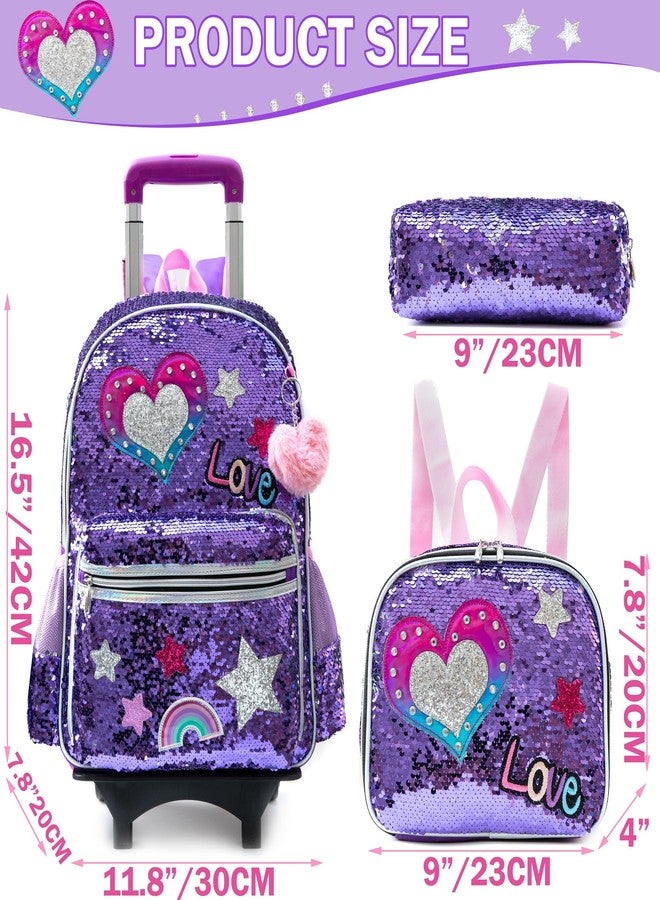 Meetbelify Backpack with Wheels for Girls Cute Rolling Pink School Backpack Kids Sequin Luggage for Elementary Students, A Purple Love - Image 2