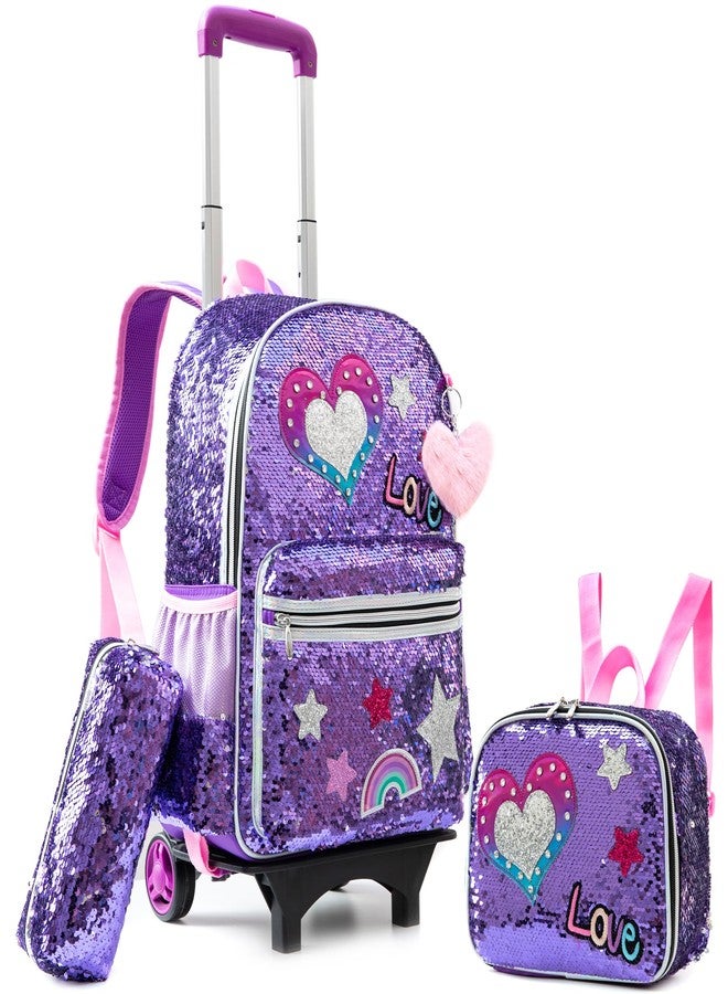 Meetbelify Backpack with Wheels for Girls Cute Rolling Pink School Backpack Kids Sequin Luggage for Elementary Students, A Purple Love - Image 1