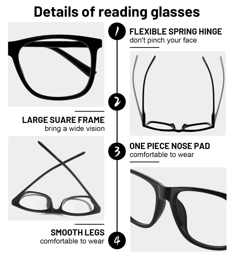 AEZUNI Extra Large Reading Glasses 2.0 Oversized Square Men Readers 1.00 1.25 1.50 1.75 2.00 2.25 2.50 2.75 3.00 3.50 4.00 5.00 6.00 (Black) - Image 4