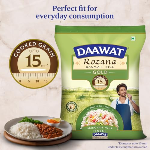Daawat Rozana Gold Basmati Rice 5Kg| For Everyday Consumption| Cooked Grain Upto 15mm*| Naturally Aged - Image 3