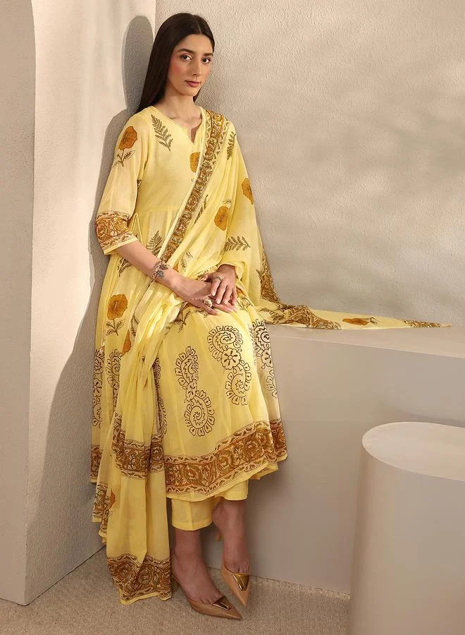 Libas Yellow Printed Cotton Anarkali Kurta with Trousers and Dupatta Set