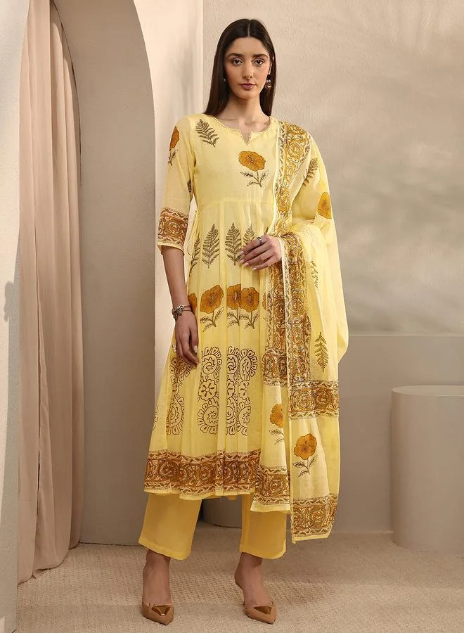 Libas Yellow Printed Cotton Anarkali Kurta with Trousers and Dupatta Set