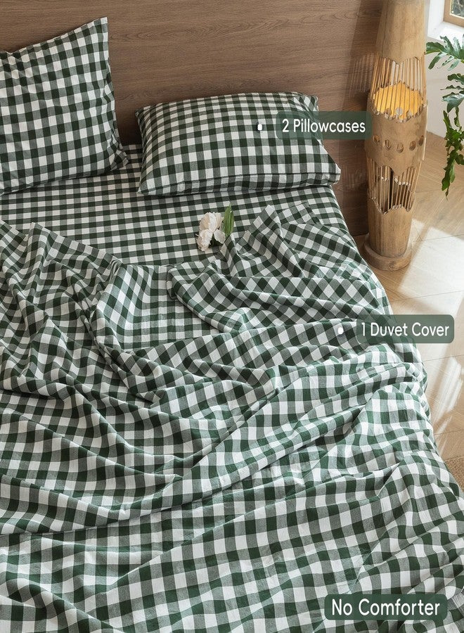 MooMee Gingham Duvet Cover Set 100% Washed Cotton Linen Like Textured Breathable Durable Soft Comfy Modern Checkered Design (Buffalo Plaid Forest Green, Queen 90"x90") - Image 2