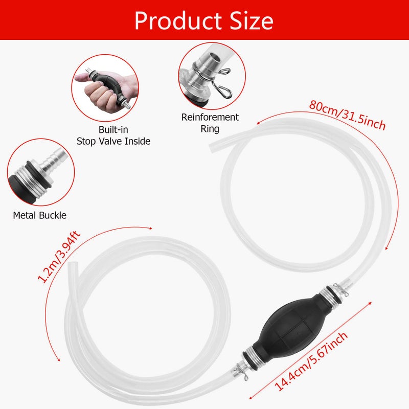Abnaok Siphon Fuel Transfer Pump, Hand Transfer Fuel Pump with 8mm Primer Fuel Line Hose for Gasoline/Fuel/Liquid/Water Transfer (White hose) - Image 2