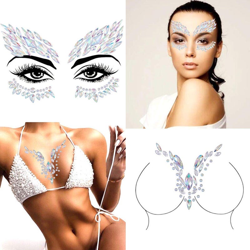 Blindery Rhinestone Face Jewels Rave Festival Gem Mermaid Chest Gem Crystal Eyes Stickers for Women and Girls 2PCS - Image 1