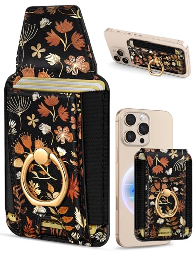 Shorogyt Compatible with Magsafe Wallet with Grip Magnetic Card Holder - Cute Phone Wallets with Ring Stand Grip for iPhone 17/16/15/14/13/12 Series for Women Girls Black Leaves Design, Fit 7 Cards - Image 1