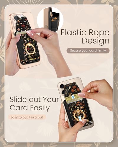 Shorogyt Compatible with Magsafe Wallet with Grip Magnetic Card Holder - Cute Phone Wallets with Ring Stand Grip for iPhone 17/16/15/14/13/12 Series for Women Girls Black Leaves Design, Fit 7 Cards - Image 4