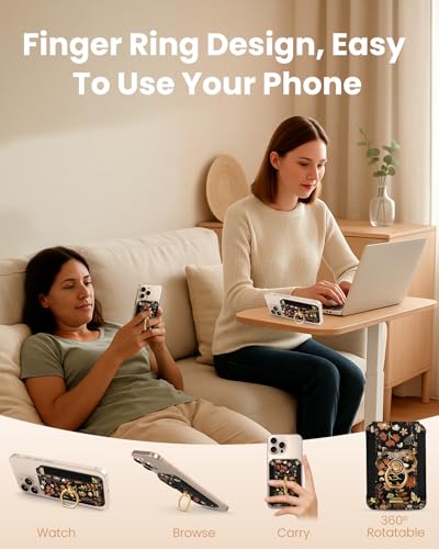 Shorogyt Compatible with Magsafe Wallet with Grip Magnetic Card Holder - Cute Phone Wallets with Ring Stand Grip for iPhone 17/16/15/14/13/12 Series for Women Girls Black Leaves Design, Fit 7 Cards - Image 2
