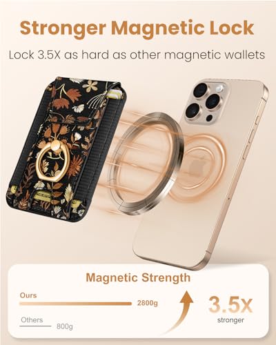 Shorogyt Compatible with Magsafe Wallet with Grip Magnetic Card Holder - Cute Phone Wallets with Ring Stand Grip for iPhone 17/16/15/14/13/12 Series for Women Girls Black Leaves Design, Fit 7 Cards - Image 3