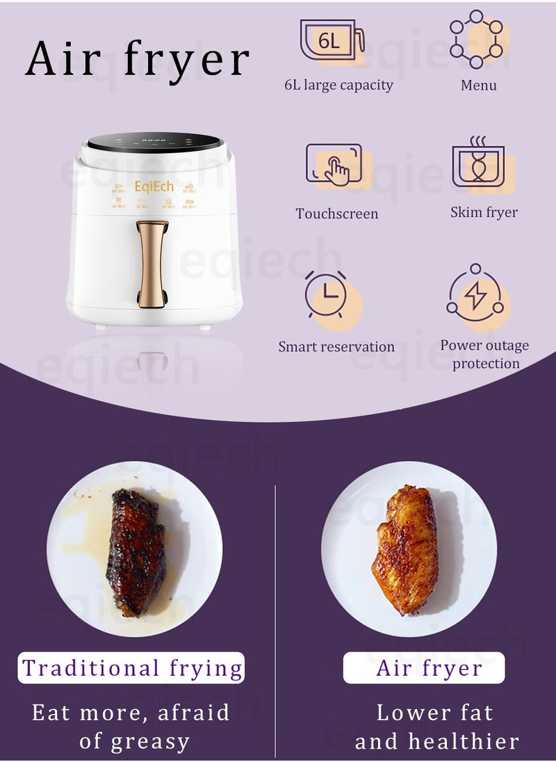 EqiEch - Air Fryer, 6L Large Capacity, Touch Screen Smart Air Fryer, Automatic Power-Off Function, Non-Stick Bottom, Nutritious And Low-Fat, Healthy Eating, White, 1500W - Image 1