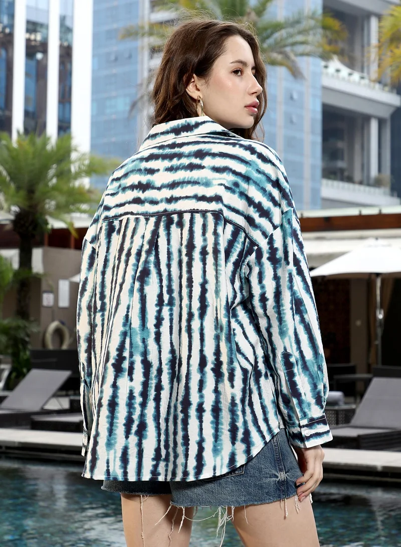 Pinacolada Women's Indigo Blue Tie-Dye Lined Oversized Shirt Women's Indigo Blue Tie-Dye Lined Oversized Shirt  | Best Price UAE
