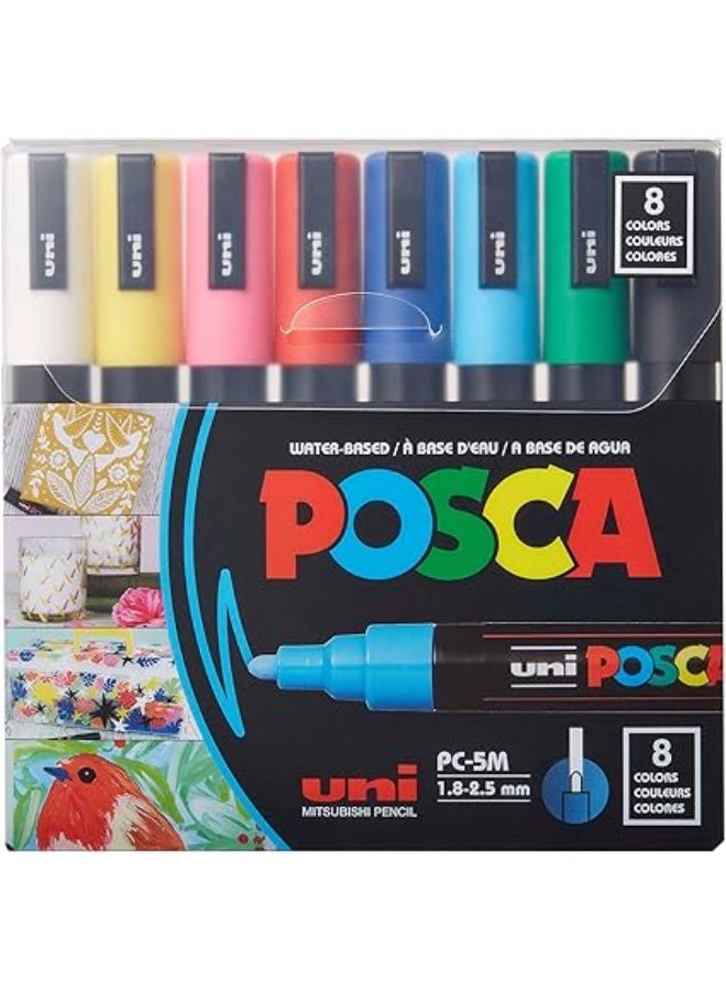 POSCA 8-Color Water-Based PC-5M Paint Marker Set, Alcohol- and Solvent-Free, Opaque High-Quality Colors for Wood, Glass, Metal, Plastic, Ceramic, and Leather, Multi-Purpose Art Markers for Drawing, Coloring, DIY Crafts, and Handwork - Image 1