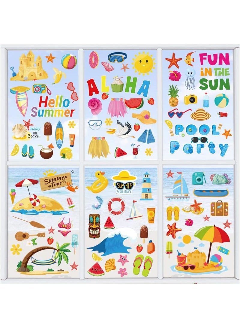 SOLARAE ملصقات نوافذ صيفية، 9 أوراق ملصقات نوافذ صيفية ثابتة، ملصقات نوافذ مزدوجة الجوانب لحفلات الشاطئ وحمامات السباحة، ملصقات نوافذ الشاطئ وحمامات السباحة لأسلوب هاواي الاستوائي، حفلة صيفية داخلية - Image 1