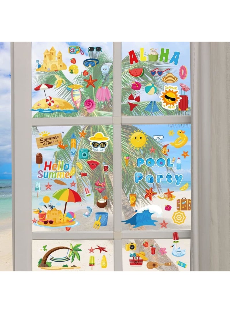 SOLARAE ملصقات نوافذ صيفية، 9 أوراق ملصقات نوافذ صيفية ثابتة، ملصقات نوافذ مزدوجة الجوانب لحفلات الشاطئ وحمامات السباحة، ملصقات نوافذ الشاطئ وحمامات السباحة لأسلوب هاواي الاستوائي، حفلة صيفية داخلية - Image 3