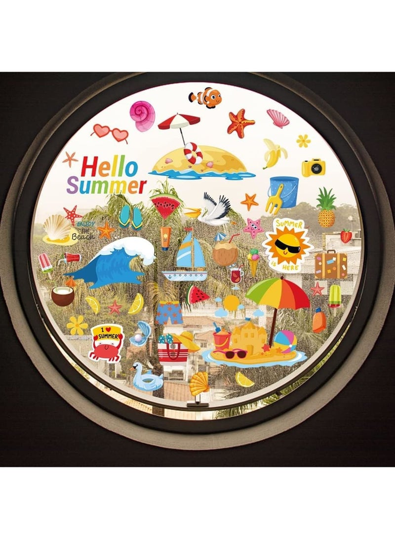 SOLARAE ملصقات نوافذ صيفية، 9 أوراق ملصقات نوافذ صيفية ثابتة، ملصقات نوافذ مزدوجة الجوانب لحفلات الشاطئ وحمامات السباحة، ملصقات نوافذ الشاطئ وحمامات السباحة لأسلوب هاواي الاستوائي، حفلة صيفية داخلية - Image 4