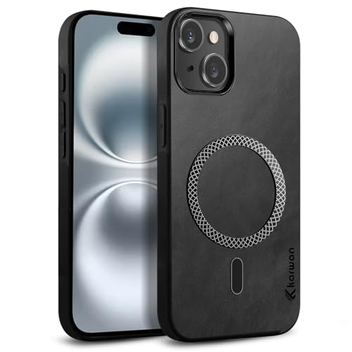 KARWAN Shockproof Hybrid Leather Finish Back Case Cover Compatible with iPhone 15 with Wireless MagEaze Charging Cover, Anti-Scratch Shield Case with Strong Minimalist Design (Black) - Image 1
