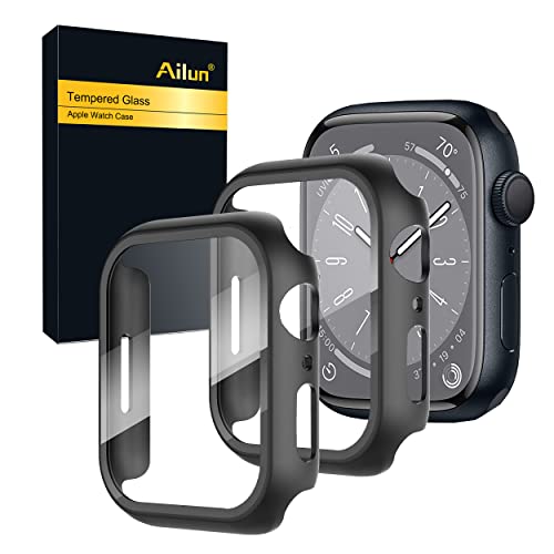 Ailun for Apple Watch Series 9 & 8 & 7 Screen Protector Case [45mm], Ultra-Thin Hard PC Case Built in Tempered Glass for iWatch, Shockproof Cover with Button [2 Pack][Black] - Image 1