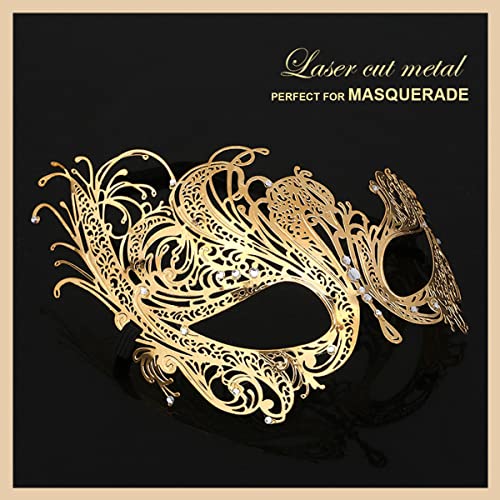 Cosmer Masquerade Mask for Women Shiny Laser Cut Metal Rhinestone Mask Party Porm Ball Mask (Gold Phoenix) - Image 2