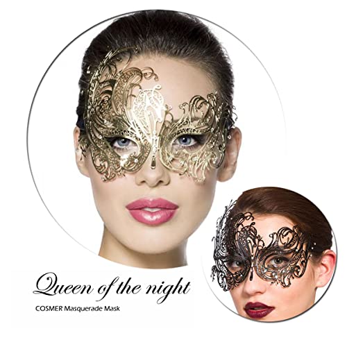 Cosmer Masquerade Mask for Women Shiny Laser Cut Metal Rhinestone Mask Party Porm Ball Mask (Gold Phoenix) - Image 3