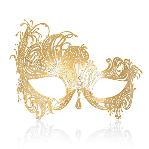 Cosmer Masquerade Mask for Women Shiny Laser Cut Metal Rhinestone Mask Party Porm Ball Mask (Gold Phoenix) - Image 1