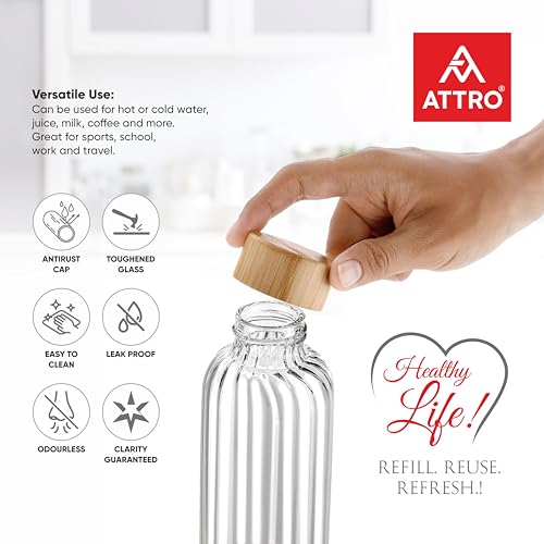 ATTRO Glassox Glacia High Borosilicate Screw Glass Bottle with Bamboo Lid Leakproof Ideal for Office, Travel, Home,Outdoor & Daily Use – Transparent – 750ml - Image 2